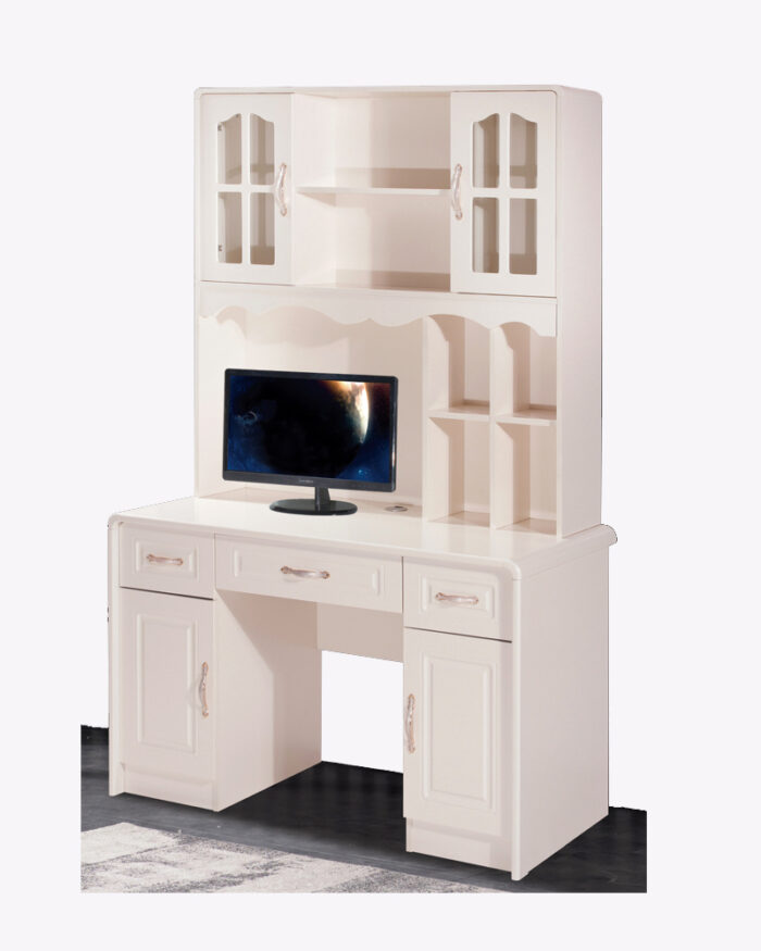 premium modular white computer table with shelf storage above