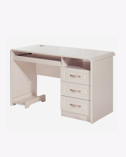 wooden white computer table with 3 drawers and 1 shelf