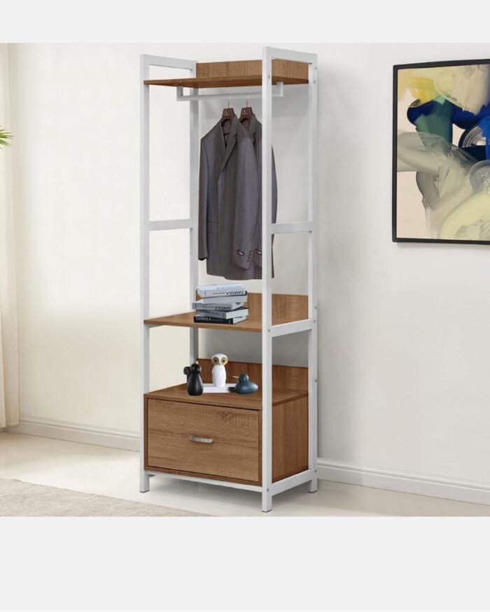 open wardrobe with shelving display unit