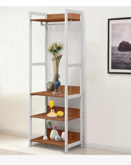 display figurines on an open wooden steel wardrobe with shelving display unit
