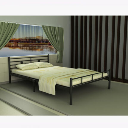black steel bed frame with mattress and beddings in a bed room
