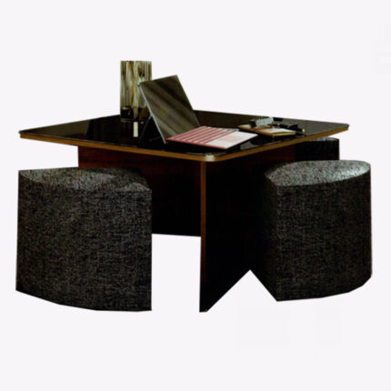 square round wooden glass surface coffee table with fabric stool