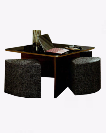 square round wooden glass surface coffee table with fabric stool