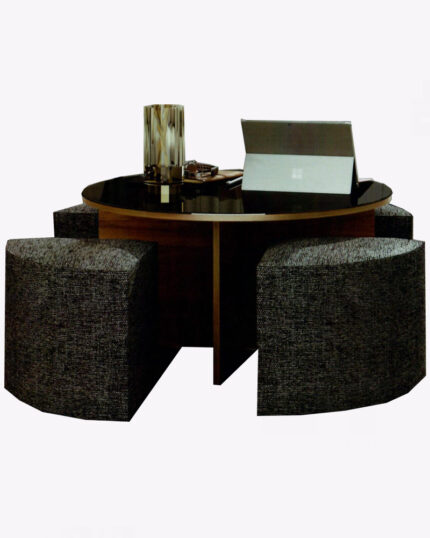 round wooden glass surface coffee table with fabric stool