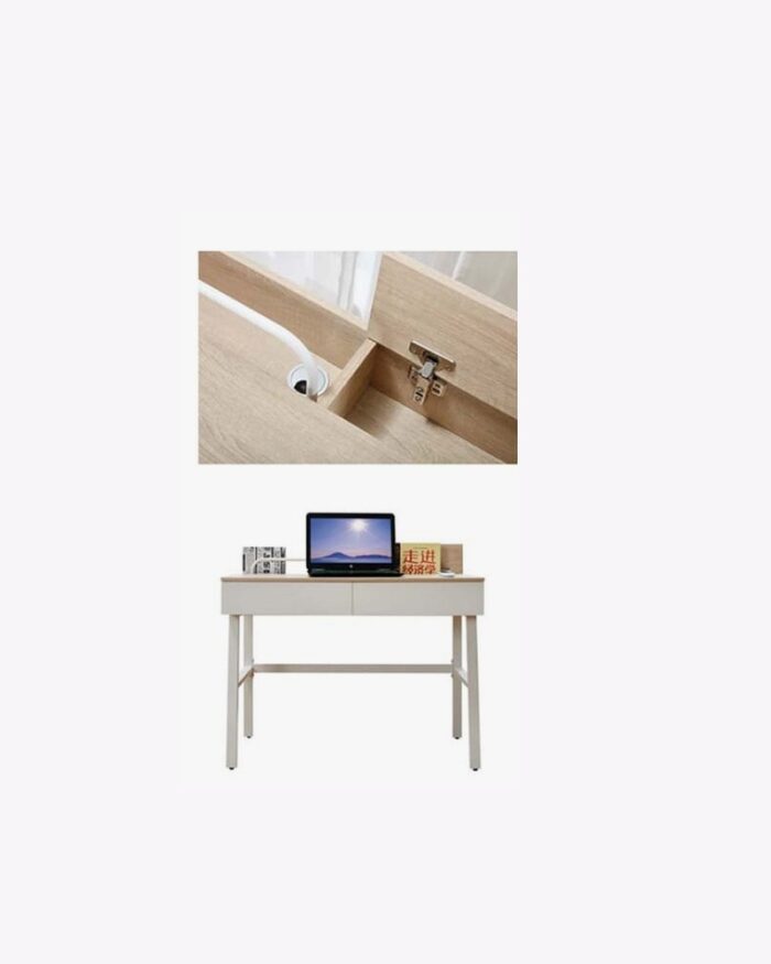 laptop on a white wooden steel legs computer table with storages