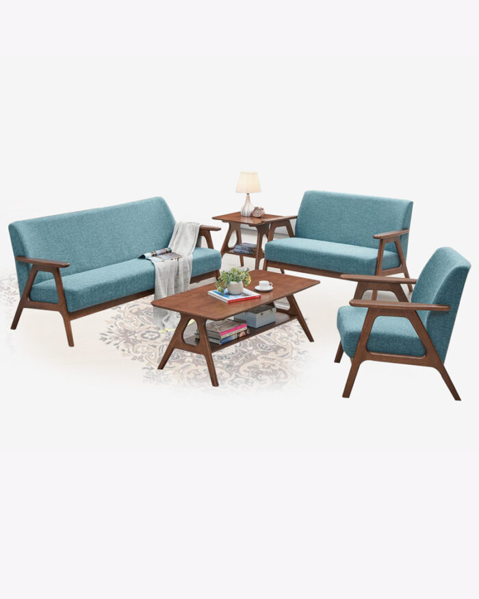 wooden blue fabric sofa living room set