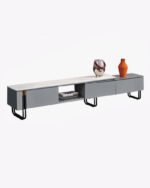 3 drawers dark gray tv console with vase on top