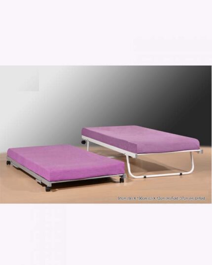 metal bed frame with purple mattress