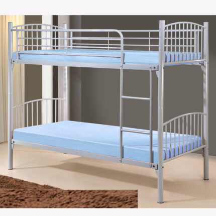 metal double deck bed frame with blue mattress