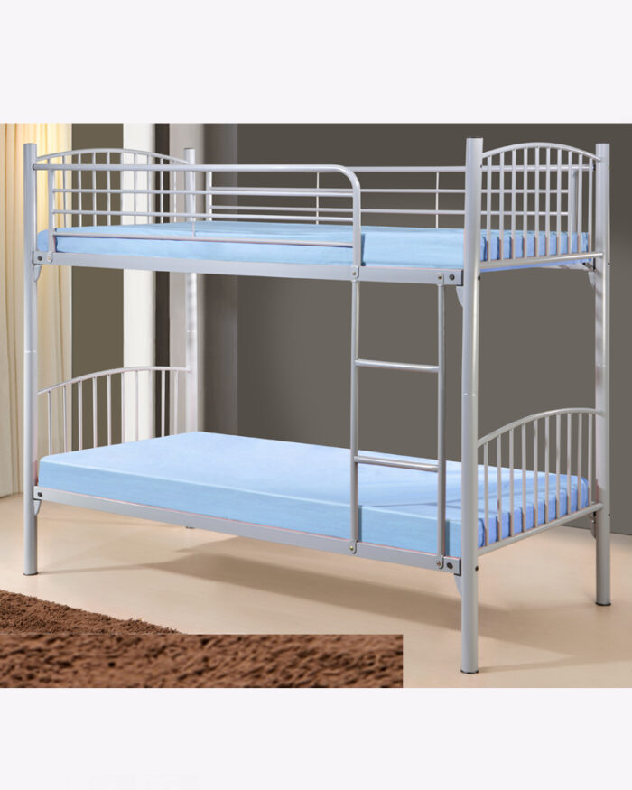 metal double deck bed frame with blue mattress