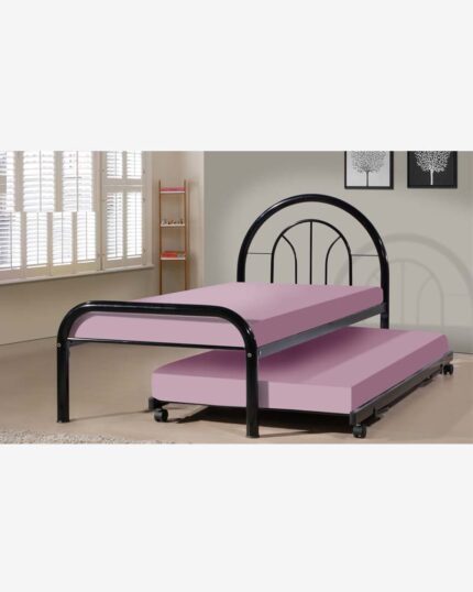 black pull out metal bed frame with pink mattress