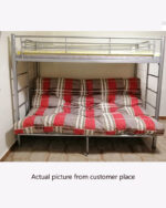 metal frame bunk bed with checkered mattress
