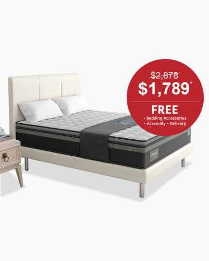 White bed with grey mattress at 1789 dollars free bedding accessories assembly and delivery