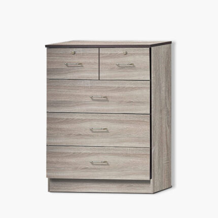 Grey four layers chest of drawers with three rectangular drawers and two square drawers