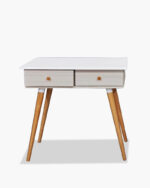 White Nordic style side table with two drawers and wood grain legs