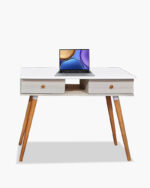 Nordic style white study table with wooden legs and two drawers