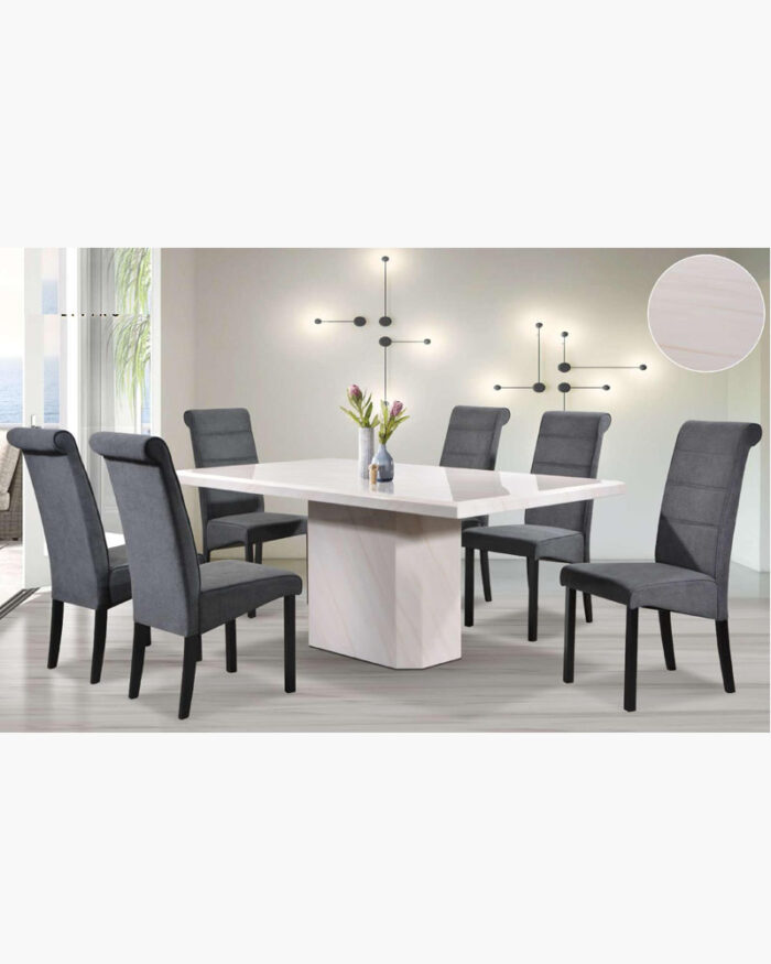 Black and grey dining chairs and white table