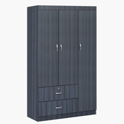Grey wooden three door wardrobe with hairline design and bottom drawers