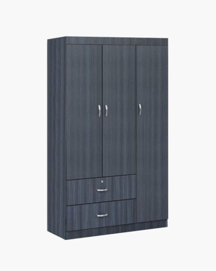 Grey wooden three door wardrobe with hairline design and bottom drawers