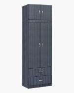 Black two door wardrobe with upper shelves and bottom drawers