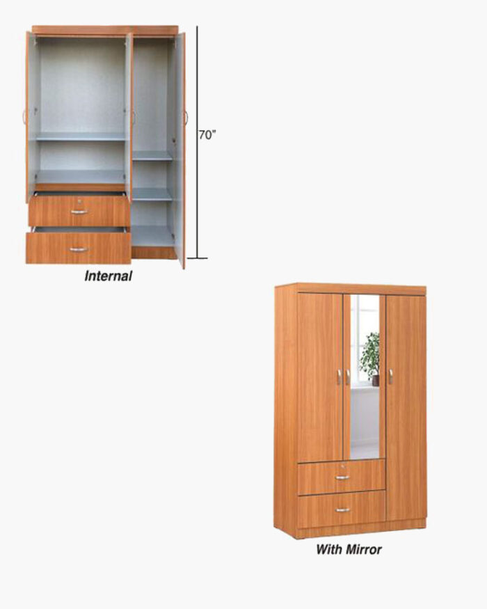 Three doors wardrobe with full length mirror and two bottom drawers