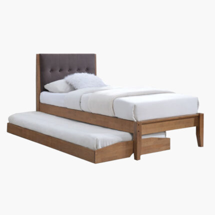 Wooden pull out bed frame with white mattress