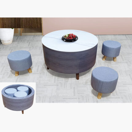 Glossy coffee table with 3 stools