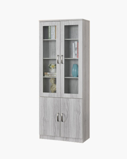 Wood bookshelf with glass doors and cabinets