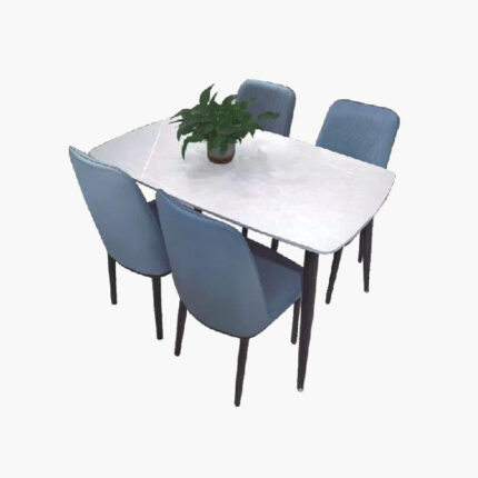 4-seater marble top dining set with slate blue solid-back chairs