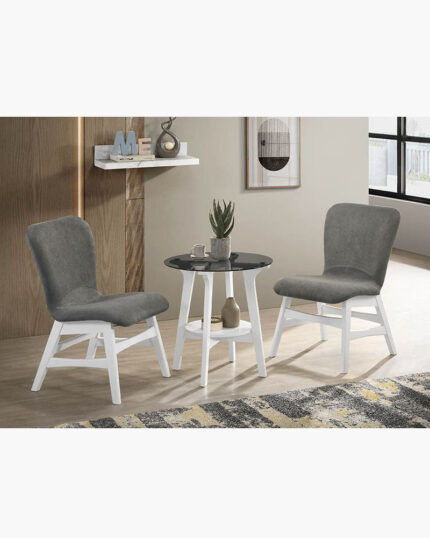 two chairs and a side table with white legs