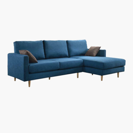 dusk blue L-shaped 4-seater sectional sofa with brown cushions