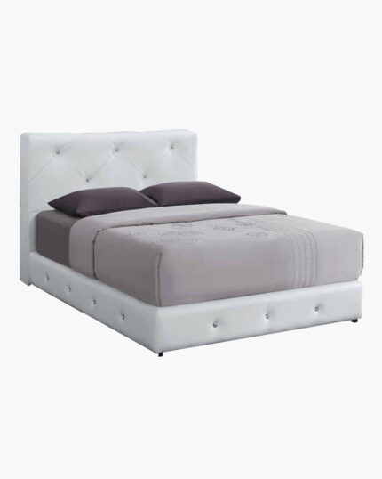 white designer faux leather bed frame with grey beddings
