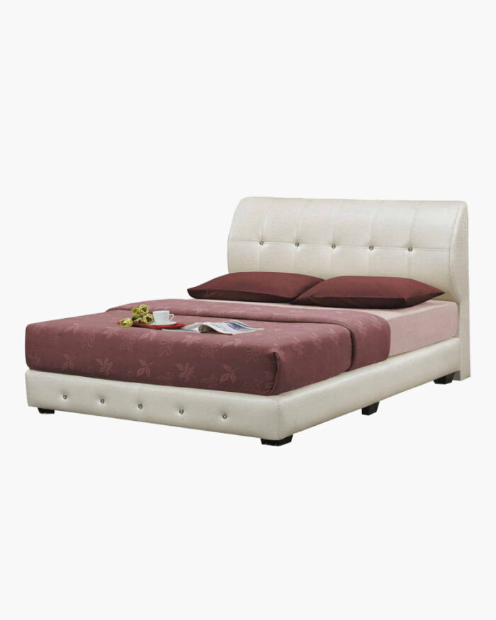 white designer faux leather bed frame with dark chestnut beddings