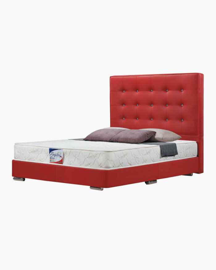 red designer faux leather bed frame with a new mattress