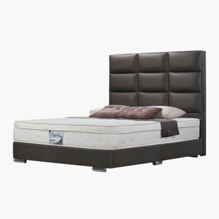 dark grey designer faux leather bed frame with a new extra-thick mattress