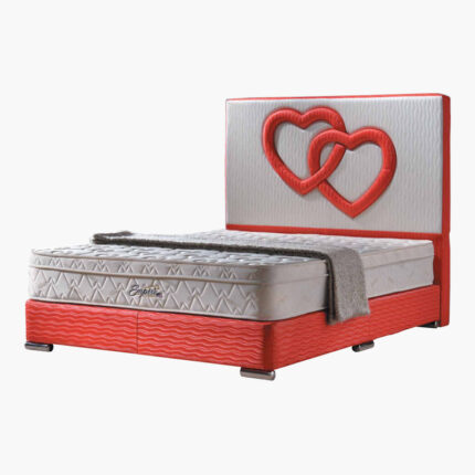 red designer faux leather bed frame with a connected hearts design