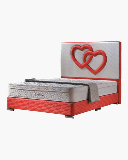 red designer faux leather bed frame with a connected hearts design