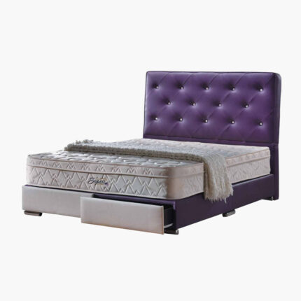 royal designer purple faux leather bed frame with a new extra-thick mattress