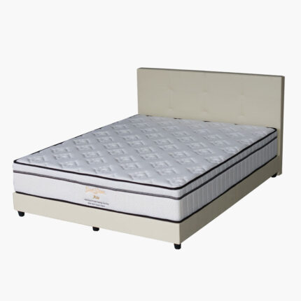 dust grey panel style bed frame with a new mattress