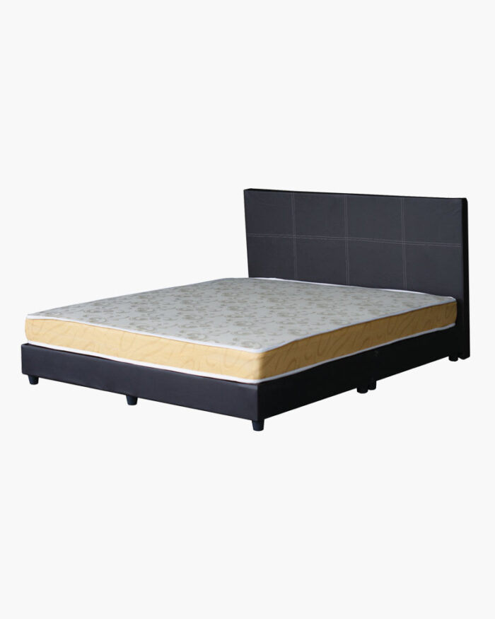 dark grey panel style bed frame with a new mattress