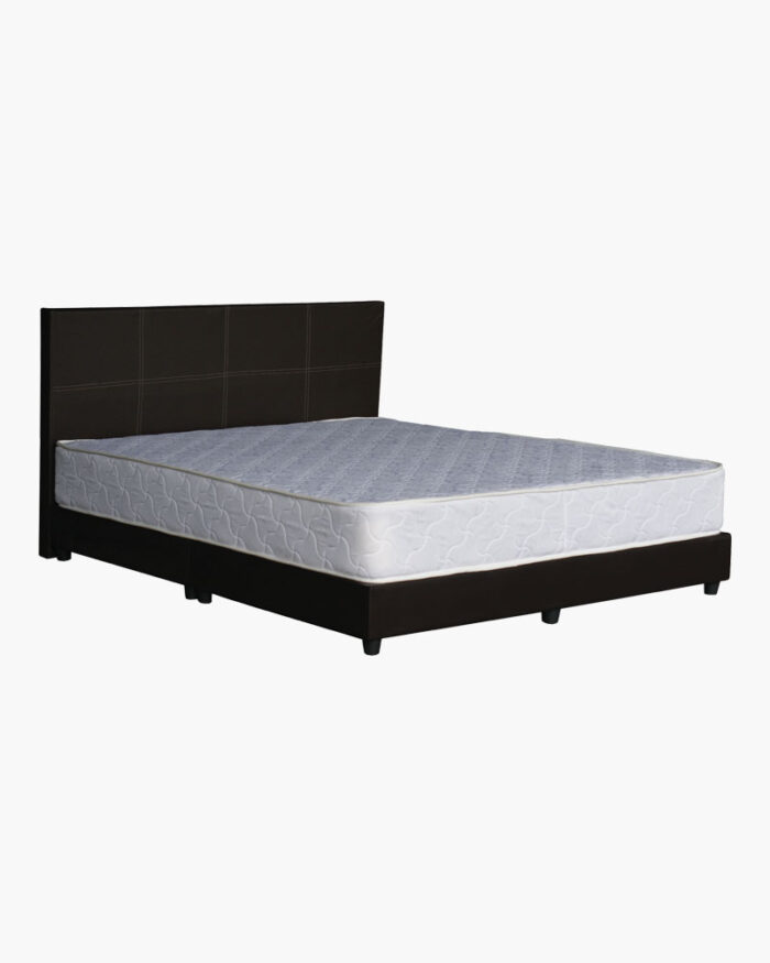 pitch black panel style bed frame with a new mattress