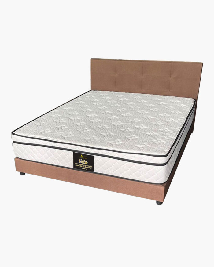 dark chestnut panel style upholstered bed frame with a new mattress