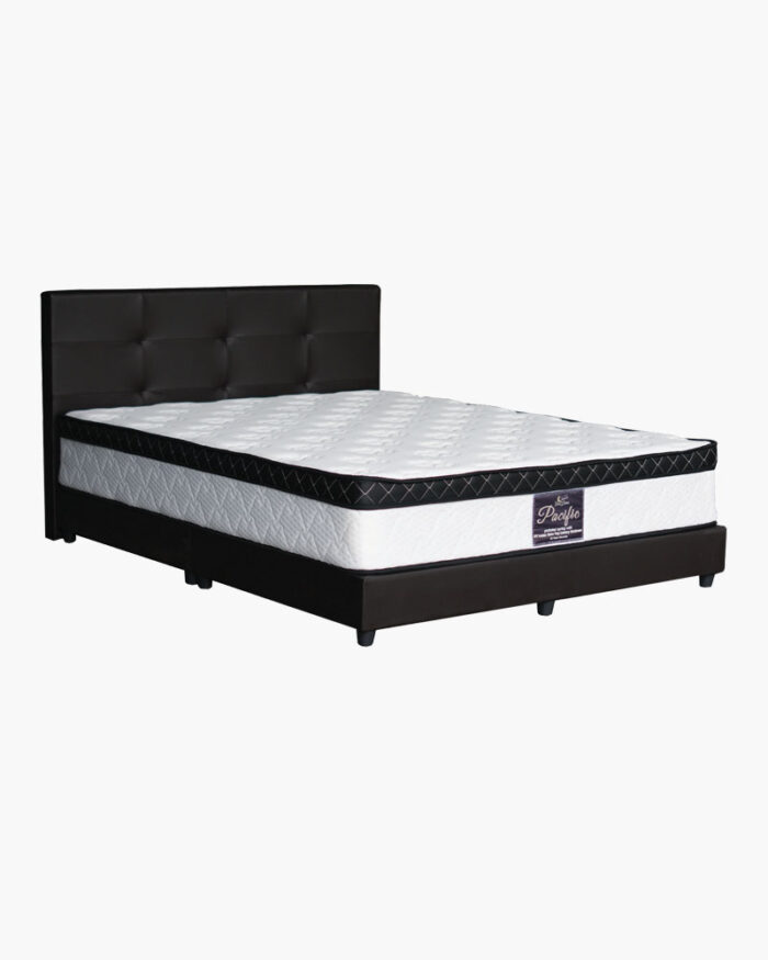 black faux leather bed frame with a new mattress