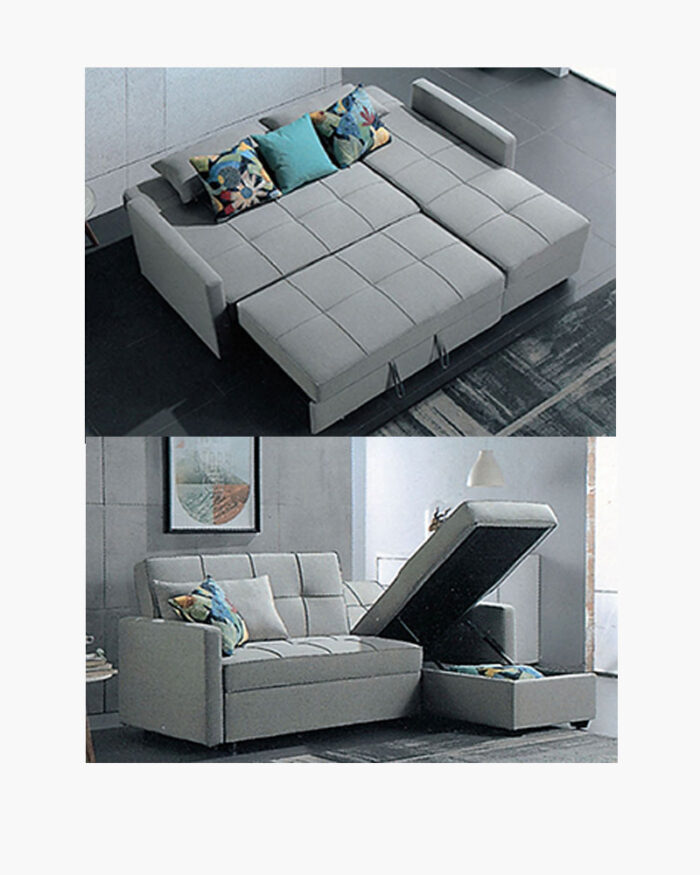 acid grey foldable fabric 3-seater sofa bed with extra storage space