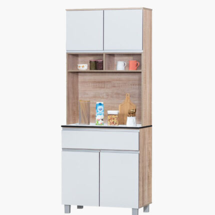 a white kitchen cabinet with a self on top of it