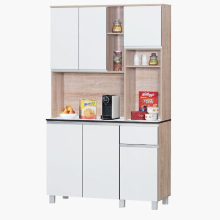 a kitchen cabinet with white panel doors