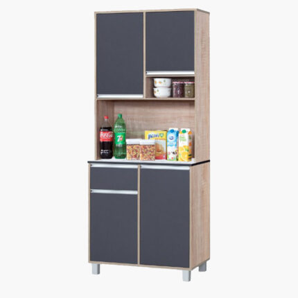 a wooden kitchen cabinet with dark-coloured doors