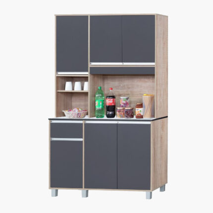 a kitchen cabinet with different kitchen items in it