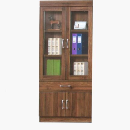 walnut wood display cabinet with one drawer