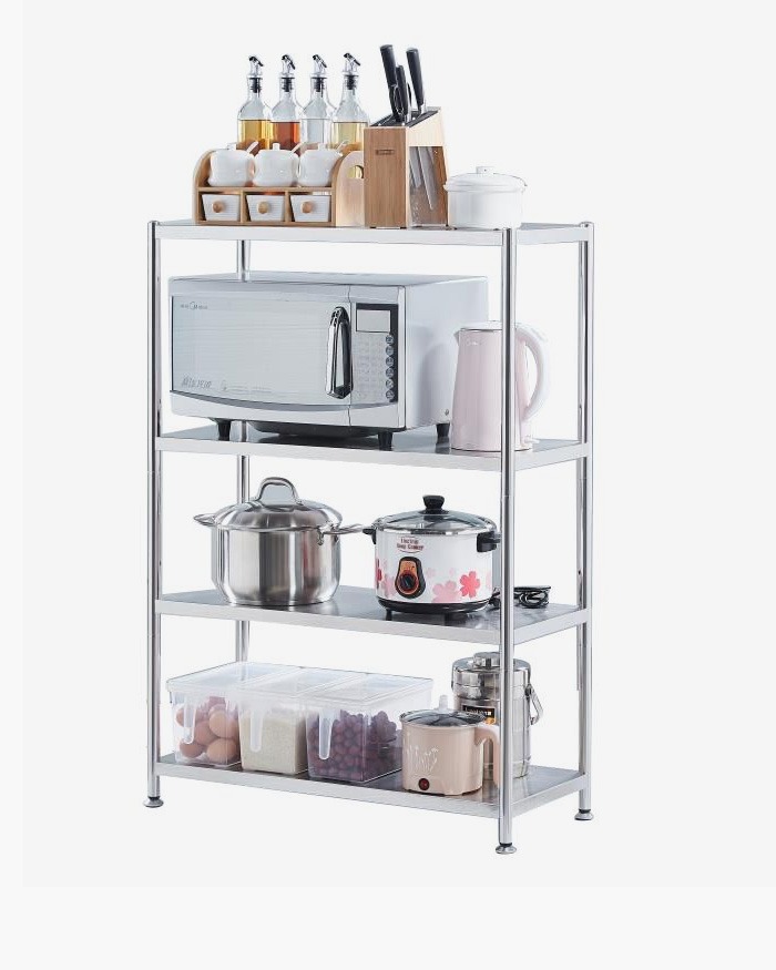 four layers stainless steel kitchen rack with appliances and supplies